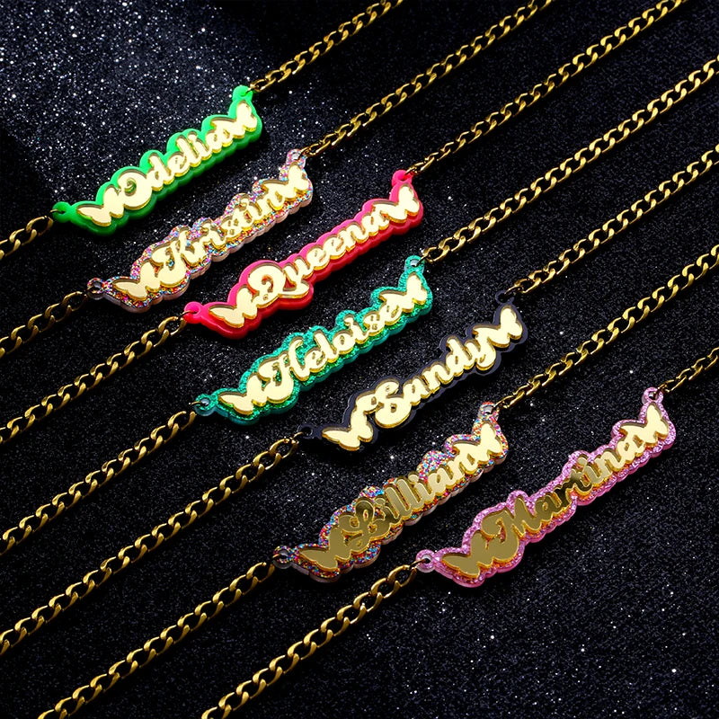 Double Plated Acrylic Nameplate Custom Kids Necklace Customized 3d Bling Pendant Jewelry Personalized Names Necklaces