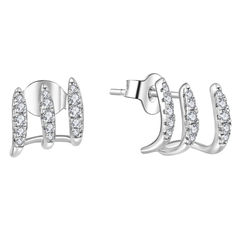 925 Sterling Silver Rhodium Plated Triple Wave CZ Stud Earrings for Women Sparkling Zircon Fashion Jewelry for Party Wedding