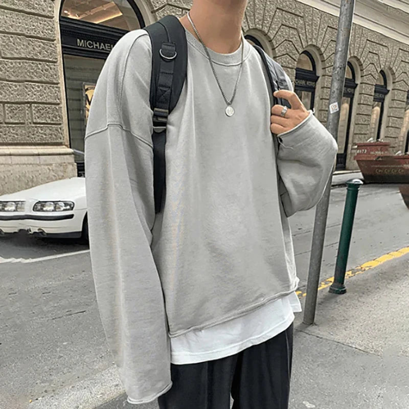 Autumn Men's Heavyweight Cotton Fleece Pullover Hoodies Oversized Plus Size Custom Logo Fake Twopiece Crewneck Plain Sweatshirts