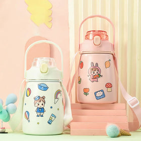 Stainless Steel Vacuum Insulated 12-24hr Thermal BPA Free Eco-Friendly Big Belly Kawaii Leaf-Proof 1000ml Cute Travel Cup Straw