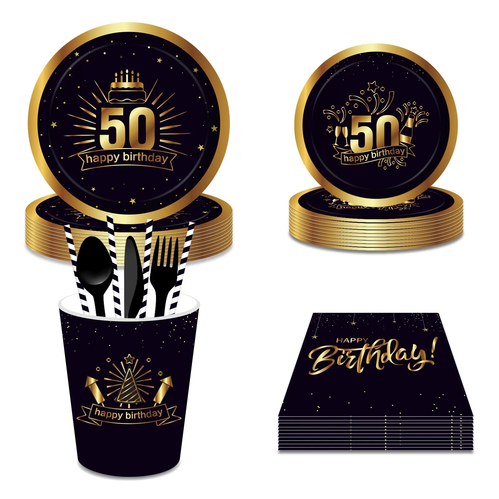 Huancai 50th Party Supplies Paper Plates Cups Napkins Disposable Tableware Set for 50 Years Old Birthday Party Decorations