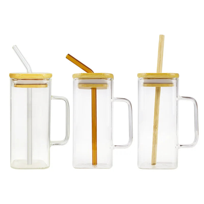 Wholesale Square Glass Cup Reusable Glass Bottle Iced Coffee Glasses Cup With Bamboo Lid Drinking Cup