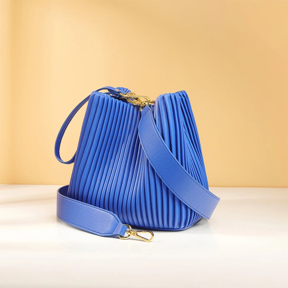 LOUIS LEVANE Genuine Leather Folding Shoulder Bucket Bag Two Straps Hasp Closure Removable Strap 1-1.9L Capacity Women's Fashion