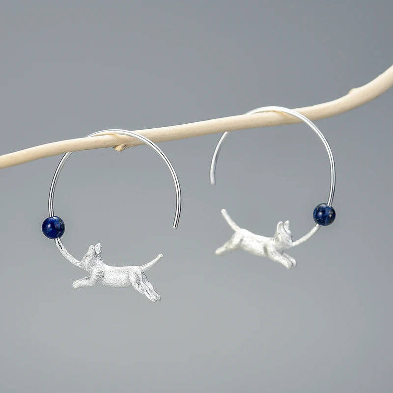 Lotus Fun Pure 925 Sterling Silver Cat With Ballon Round Hoop Earrings for Women Fine Jewelry for Women