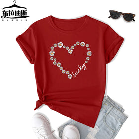 Wholesale Summer 2025 New Design Eco-Friendly Casual Women's Loose Crew Neck T-Shirt Breathable Heat-Transfer Printed Logo Heart