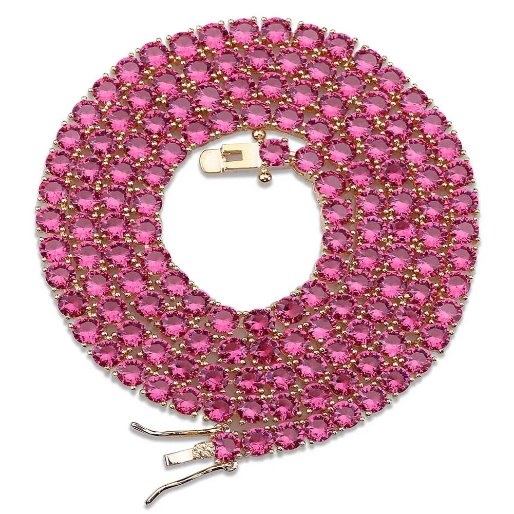 1 Row 4mm Width Micro Pave Red Blue Zircon Stone Tennis Link Chain Hip Hop Iced Out Bling Necklace for Women Men