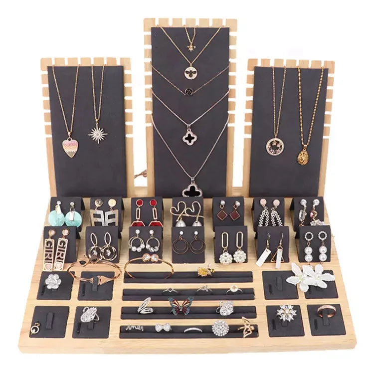Black Velvet Jewelry Display Stand Set Luxury Bamboo Necklace Earring Jewelry Display Tray for Jewelry Store