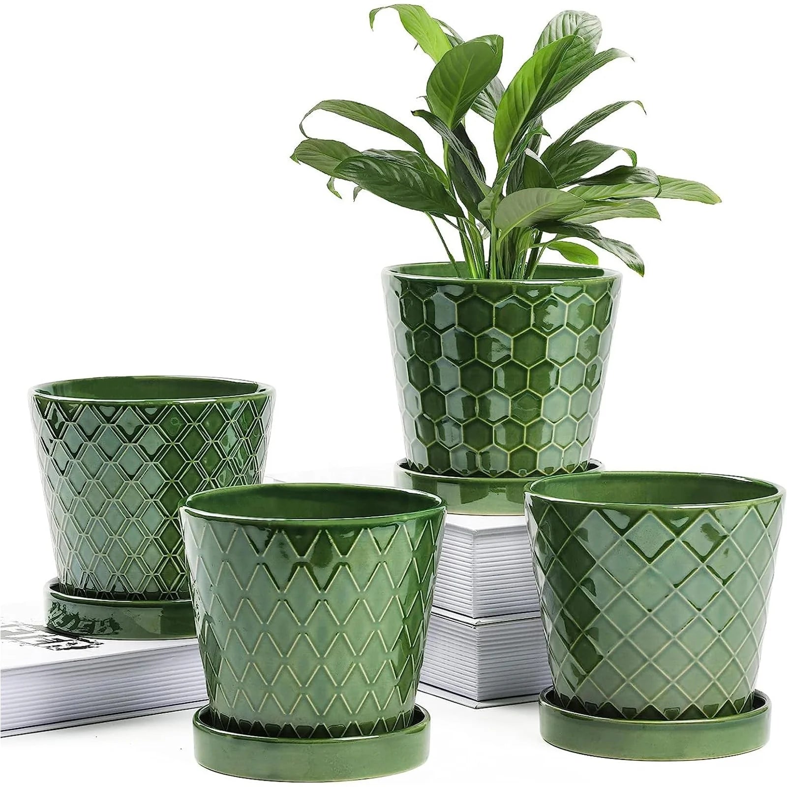 Modern Green Glazed Geometric Pattern Ceramic Flower Pot With Hole and Plant Garden Exquisite Home Decoration Vase