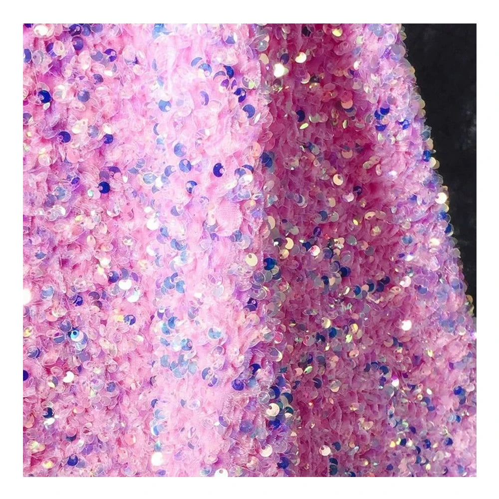 New Arrival African Lady Dress 100 Polyester Shiny Pink Lace Fabric Stretch 4 Way Sequin Velvet Lace Fabric for Dress