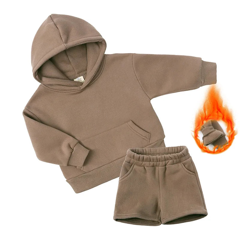 Casual Winter Children's Clothing Girls' Fleece Blank Hoodie Shorts Boys Sweatshirts Sweatpants Tracksuits Sweatsuit 2pcs Set