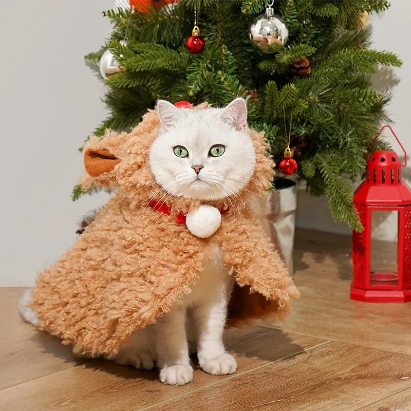 Christmas Velvet Elk Combination Winter Warm Pet Clothes Cat Cloak Thickened Autumn and Winter Bucket Cat Cape Winter Outwear