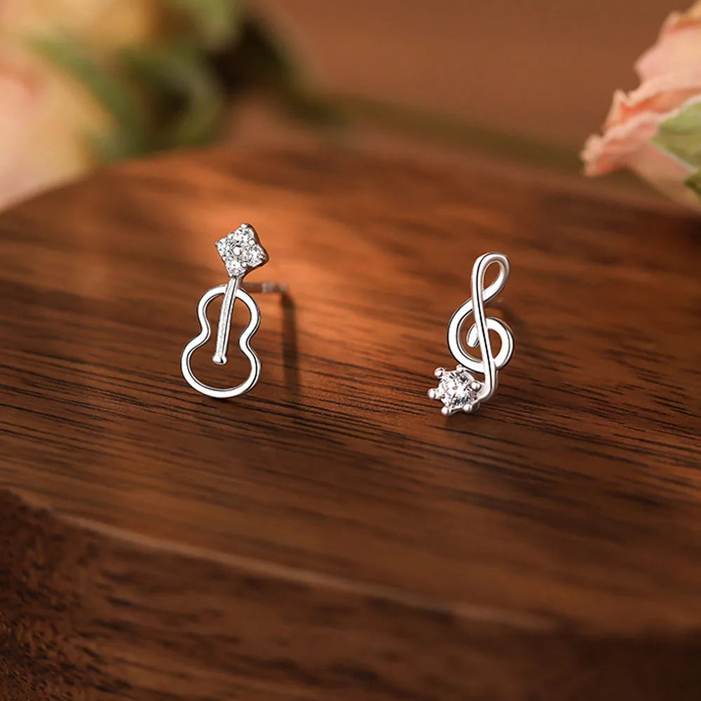Zircon S925 Sterling Silver Asymmetric Violin Notes Stud Earrings for Women Jewelry Accessories YB-XY-101