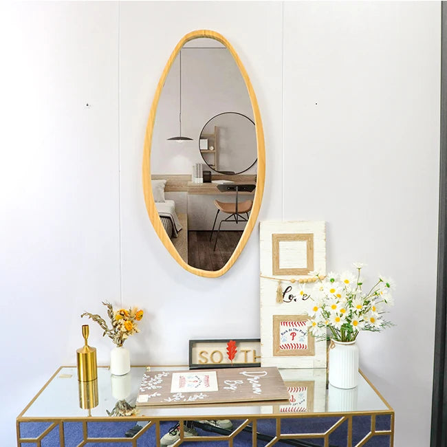 45*90cm Modern Horizontal Wall Hanging Glass Mirror Unique Decorative Design with Solid Natural Wood Irregular Decoration