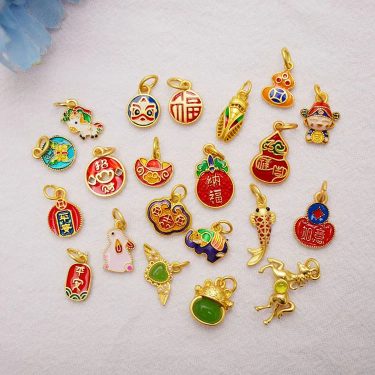 JS1717 Dainty Chinese Elements Matte Gold Plated Brass Enamel Lucky Medal Charms with Natural Jade  Charms for Bracelet Making