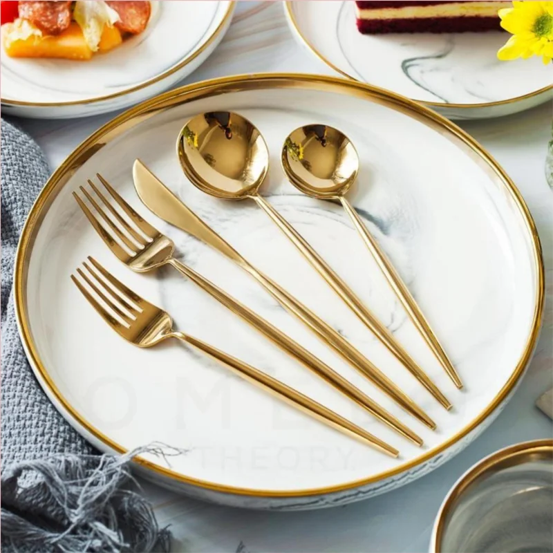 Portuguese Dishwasher Safe Eco Friendly Matte Golden Metal Western Stainless Steel Cutlery and Tableware Set Back to School