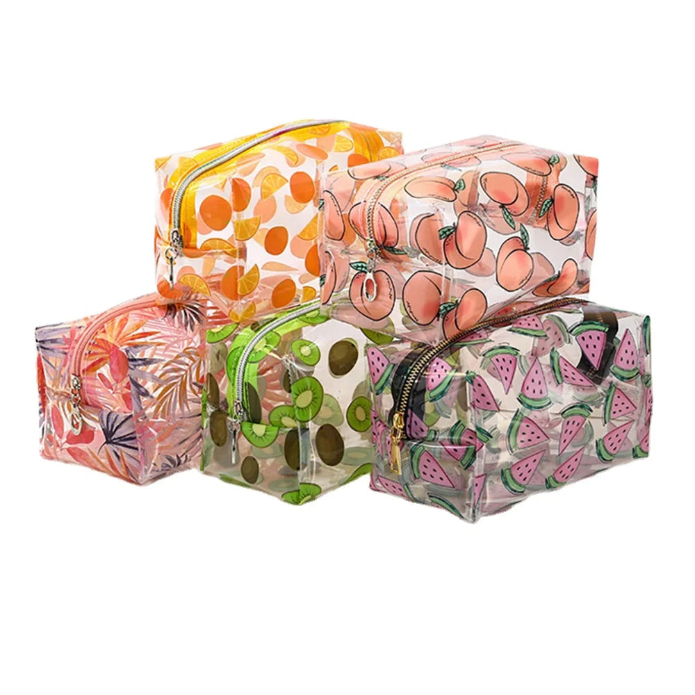 Young Girl Style PVC Printing Fruit  Clear Custom Cosmetic Bag Plastic Transparent Travel Cute Makeup Bag OEM