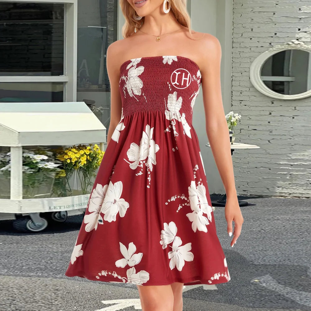 Wholesale Women Elegant Strapless Floral Printed Mini Dress Casual Smocked Bust A-line Dresses for Beach Outings