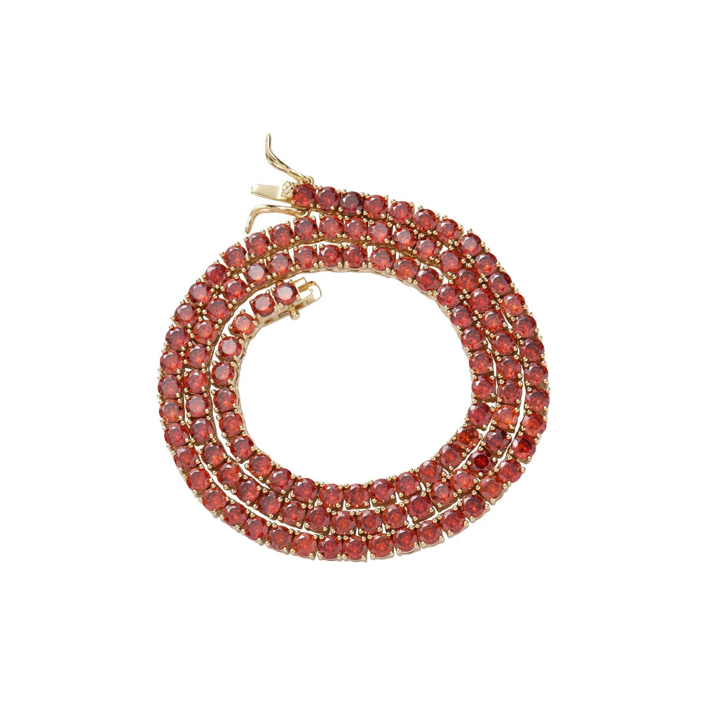 BC205   4mm  16" 18"  20" Red Zircon Brass Tennis Chain 1 Row Necklace Hip Hop Bling Jewelry CZ Tennis Chain Iced Out