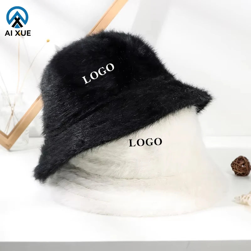 2026 Winter Solid Color Bucket Hats Warm Embroidery Angora Personality Printed Wide Brim Rabbit Hair Fisherman Hats for Adults