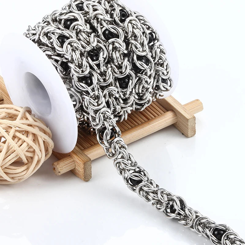 Hot Sale Men's Jewelry Hand-Woven Black Bead Stainless Steel Chain Thick Necklace with Keel Snake Bone Hot Selling Product