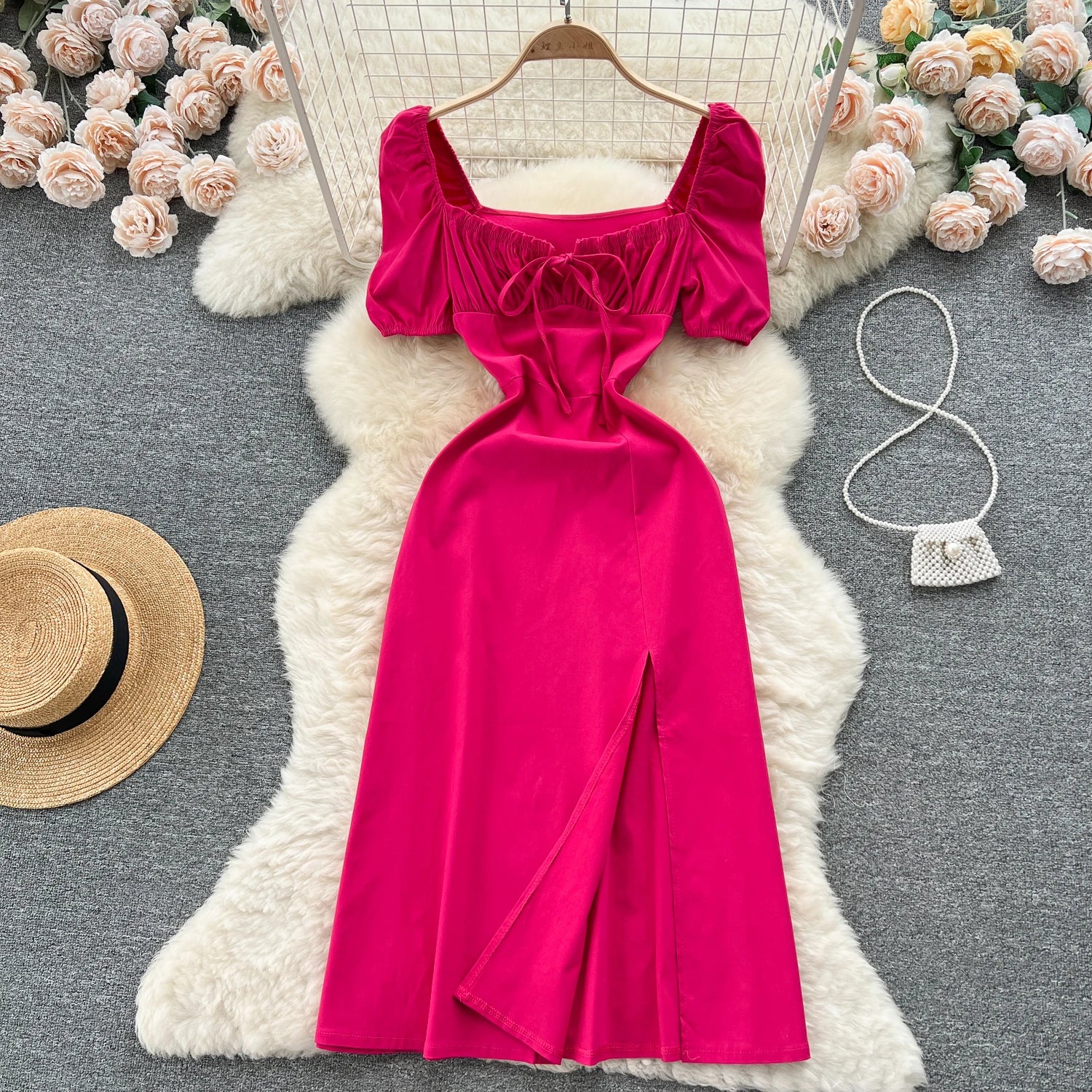 Summer New Chic Niche Gentle Dress Classic Style Lace-up French Style Square-neck Cinched Dress Fashion