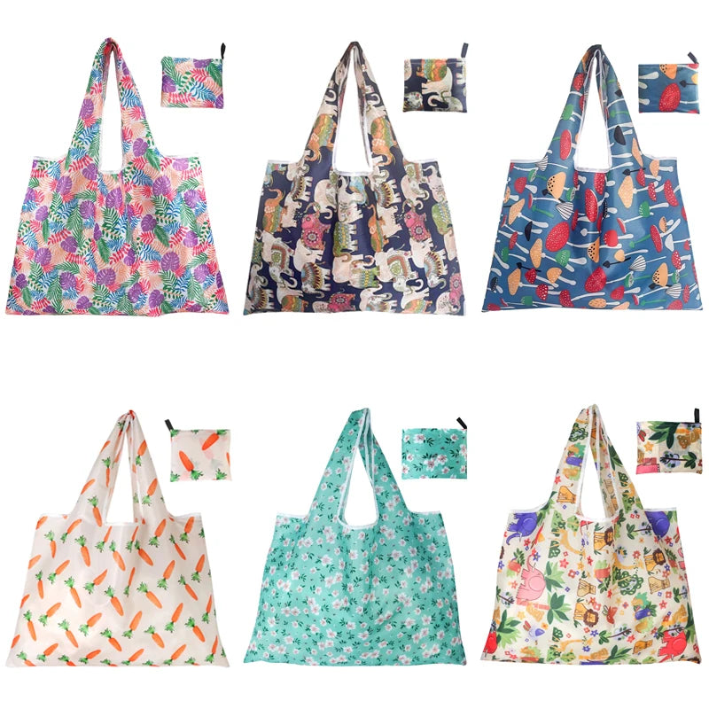 Heavy Duty Extra Large Floral Cartoon Printing Reusable Folded Grocery Tote Bag 210D Polyester Folding Shopping Bag