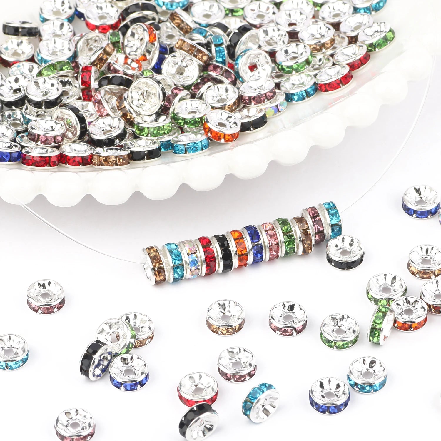 Wholesale 50pcs/bag 4/6/8/10mm Round Alloy Rhinestone Spacer Beads Crystal Metal Rondelle for Jewelry Making