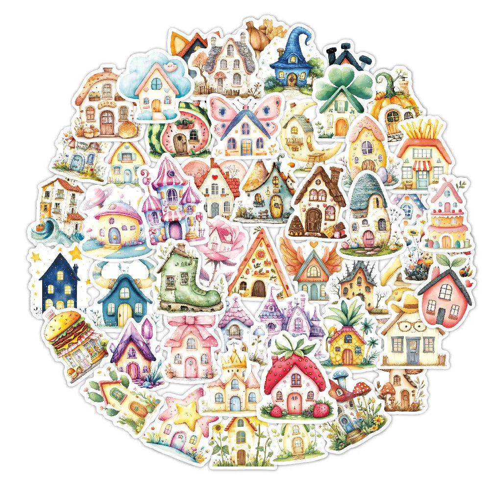 50 Pcs Beautiful Creative Cabin PVC Self Adhesive Stickers for Handbag Phone Case Suitcase Refrigerator Guitar and Books
