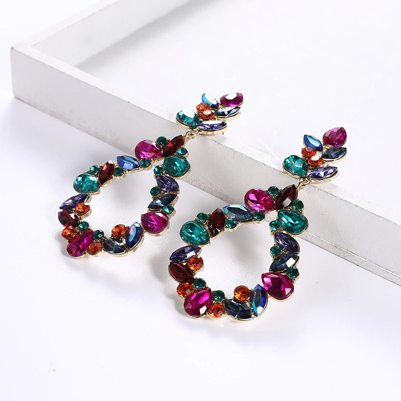 Newest Fashion Crystal Rhinestone Drop Earrings Women Jewelry Glass Drill Hollow Out Geometric Exaggerated Earrings