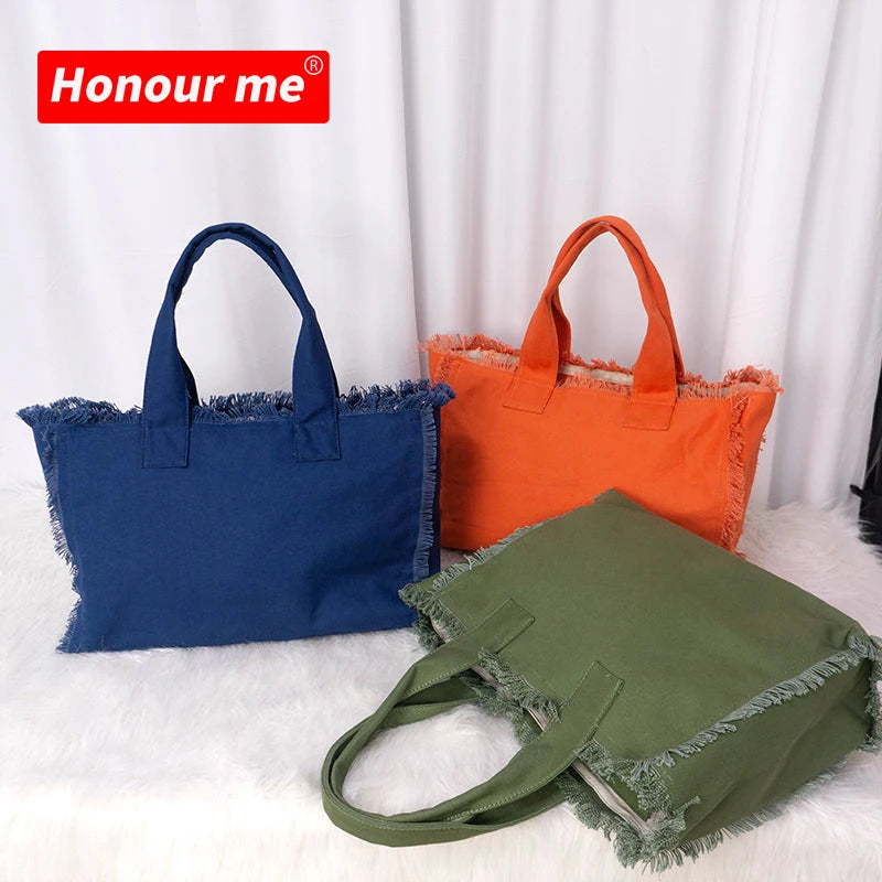 HONOURME New Designer Brown Small Tote Bag Canvas Shipping Bag Muti-Use Tote Crossbody Fringe Bag