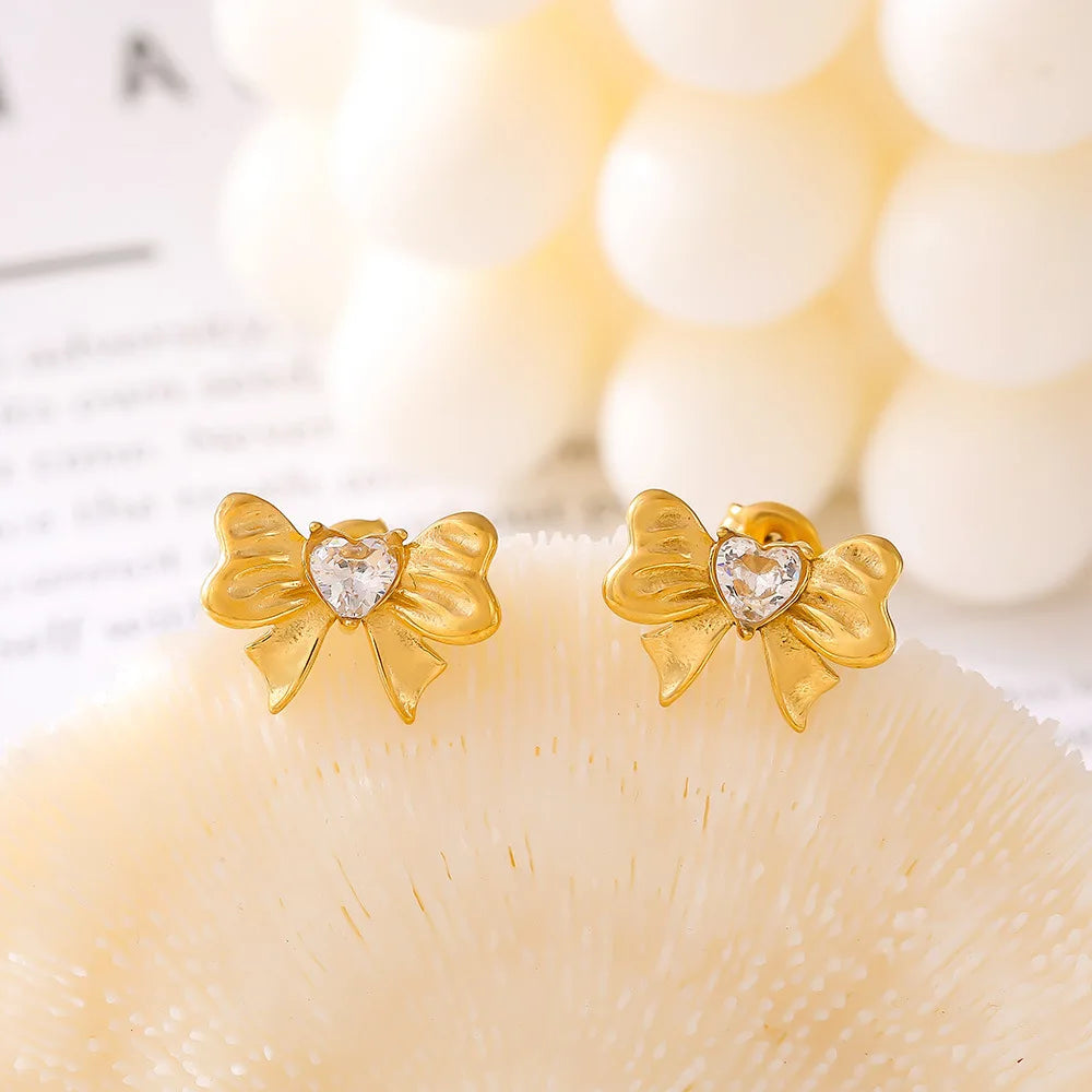 18K Gold Plated Non Tarnish Jewelry Hypoallergenic Stainless Steel Women Bow Tie Earrings