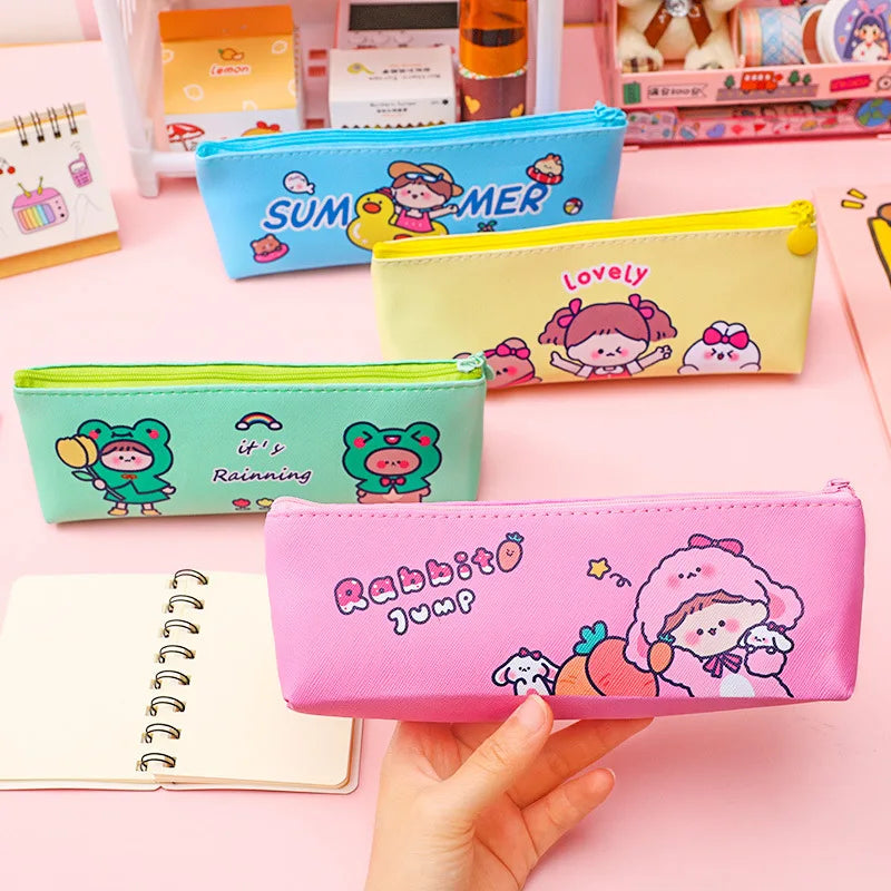 Cartoon Triangle Pencil case Student Ins Girl Heart Large Capacity PU Pencil case Small Fresh Stationery Bag