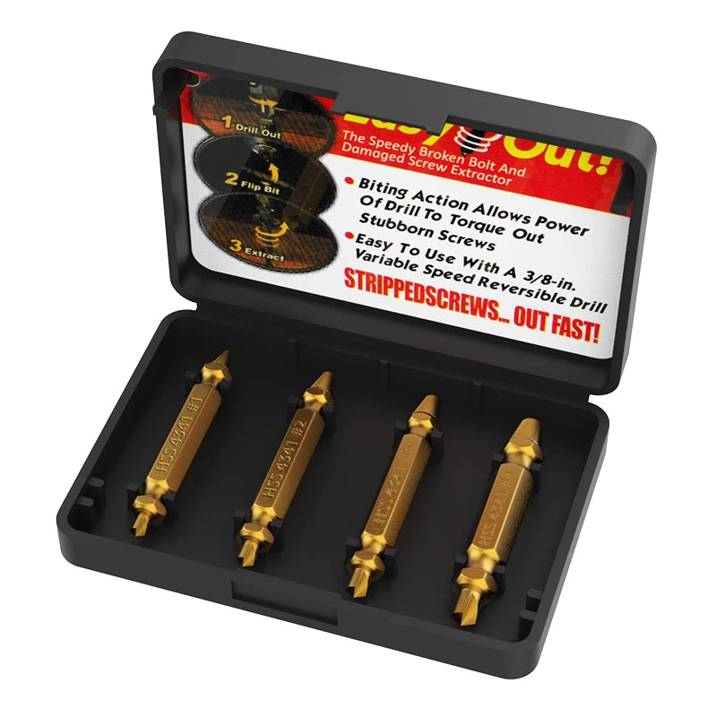 KAFUWELL RT3410 4-pieces Damaged Screw Extractor Set Remover for Stripped Head Screws Nuts & Bolts Silver and Gold