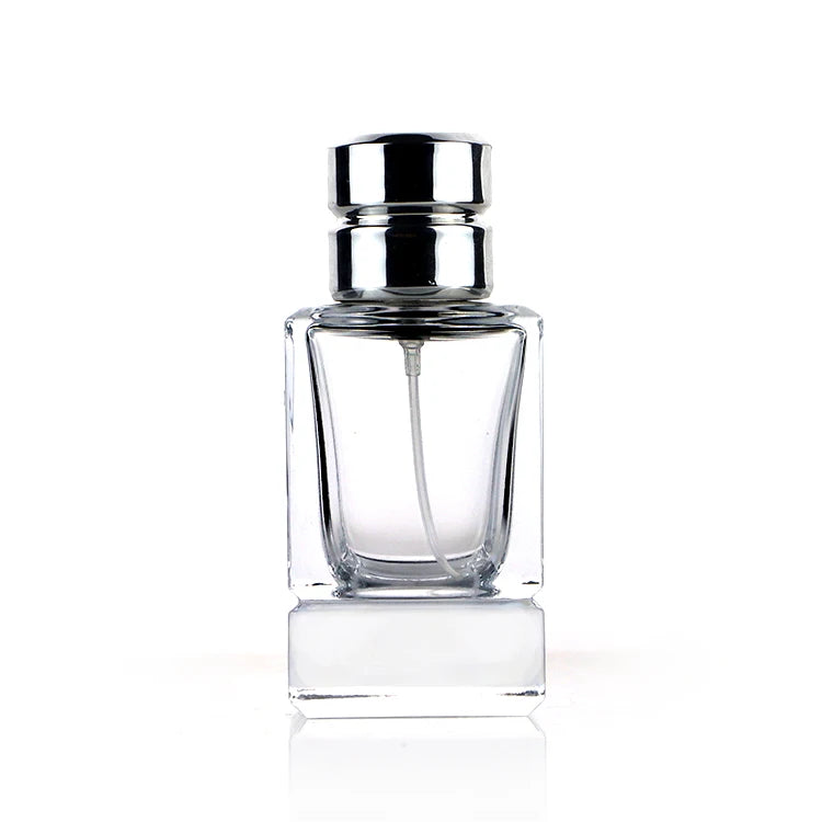 Wholesale 50ml square Perfume Bottle Unique Thick Glass Bottom with Double Ring Silver Cylinder Lid