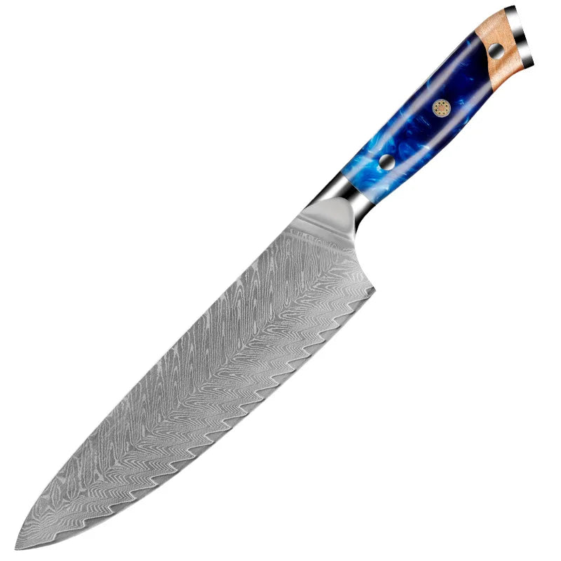 Hot Sale Chef Knife Sets with Blue Resin Handle 67 Layers Damascus Steel Kitchen Knife Damascus Chef Knife