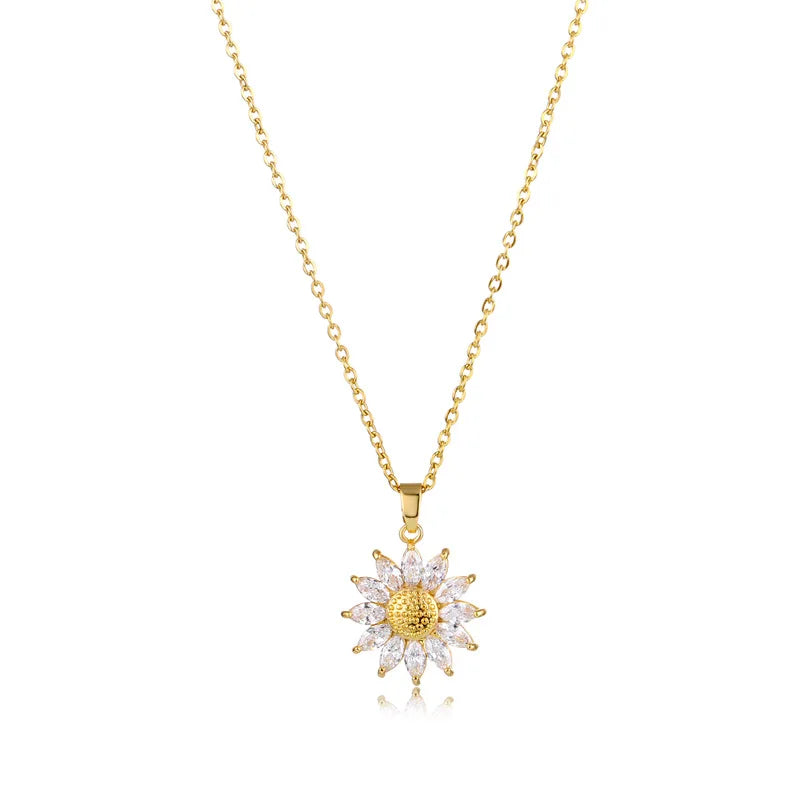Collana Girasole Titanium Steel Flower Pendant Necklace Minimalist Crystal Zircon Sunflower Necklace for Women