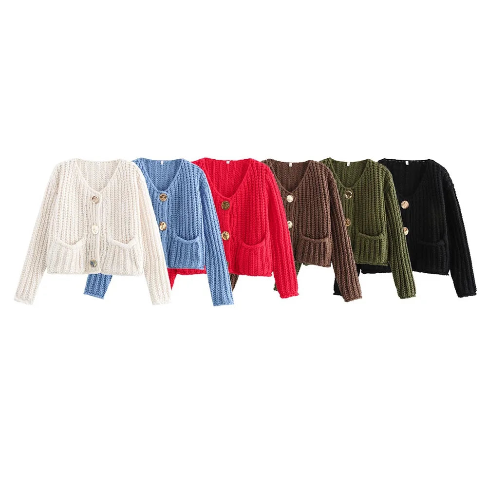 ZATRHMBM Women's 2024 New Fashion Thick Needle Loose Sweater Jacket Retro Round Neck Single-Breasted Casual Women's Sweater