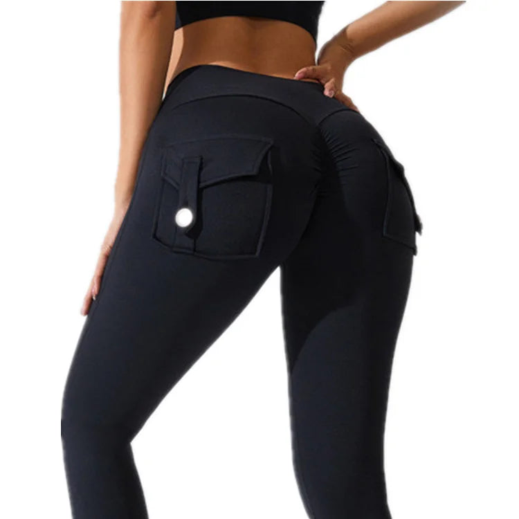 Black Women's Office & Sports Tight Pants with Tooling Pockets Fashionable Jogging Yoga Leggings for Work and Exercise