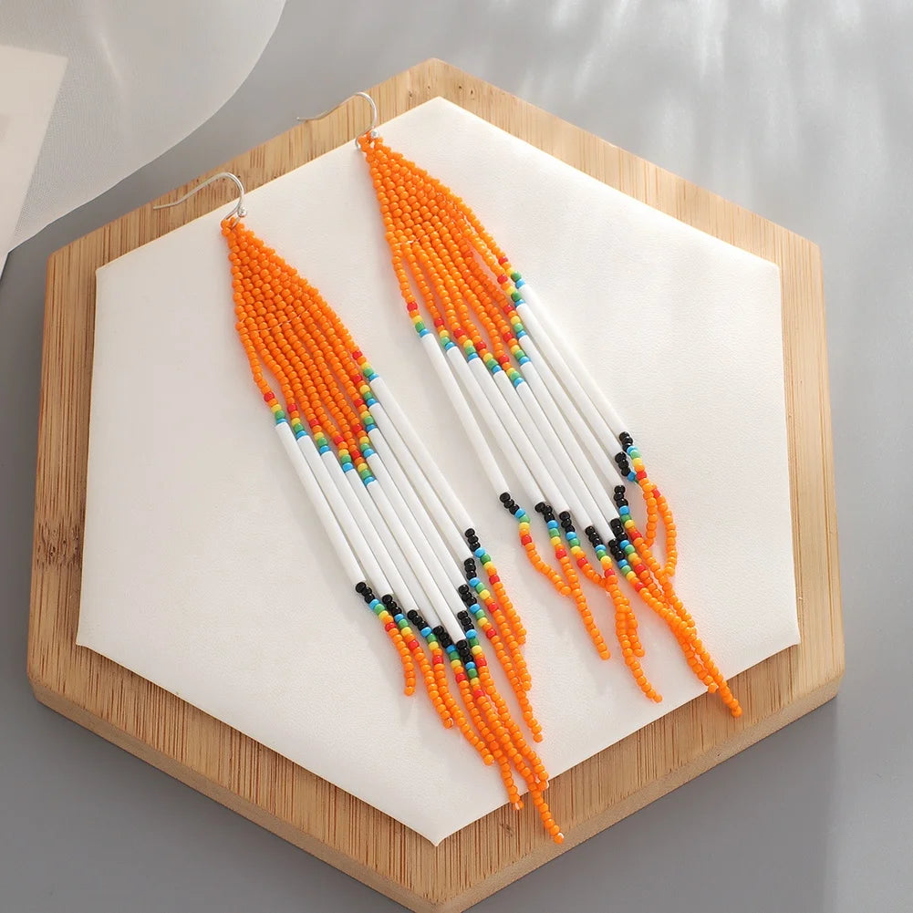 Bohemian Vintage Women's Drop Earrings Hand Woven Tassel Crystal Bead Bright Colors Glass Beads for Parties and Engagements