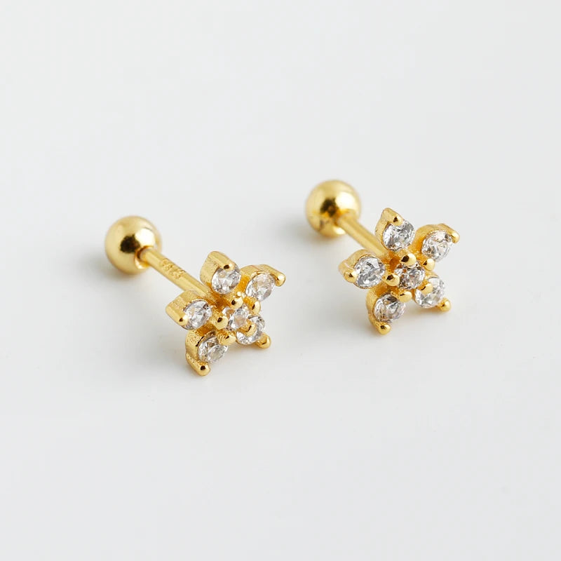 925 Sterling Silver Minimalist Snow Flower Stud Earrings Screwbacks Ball Gold Plated Piercing Earring for Women