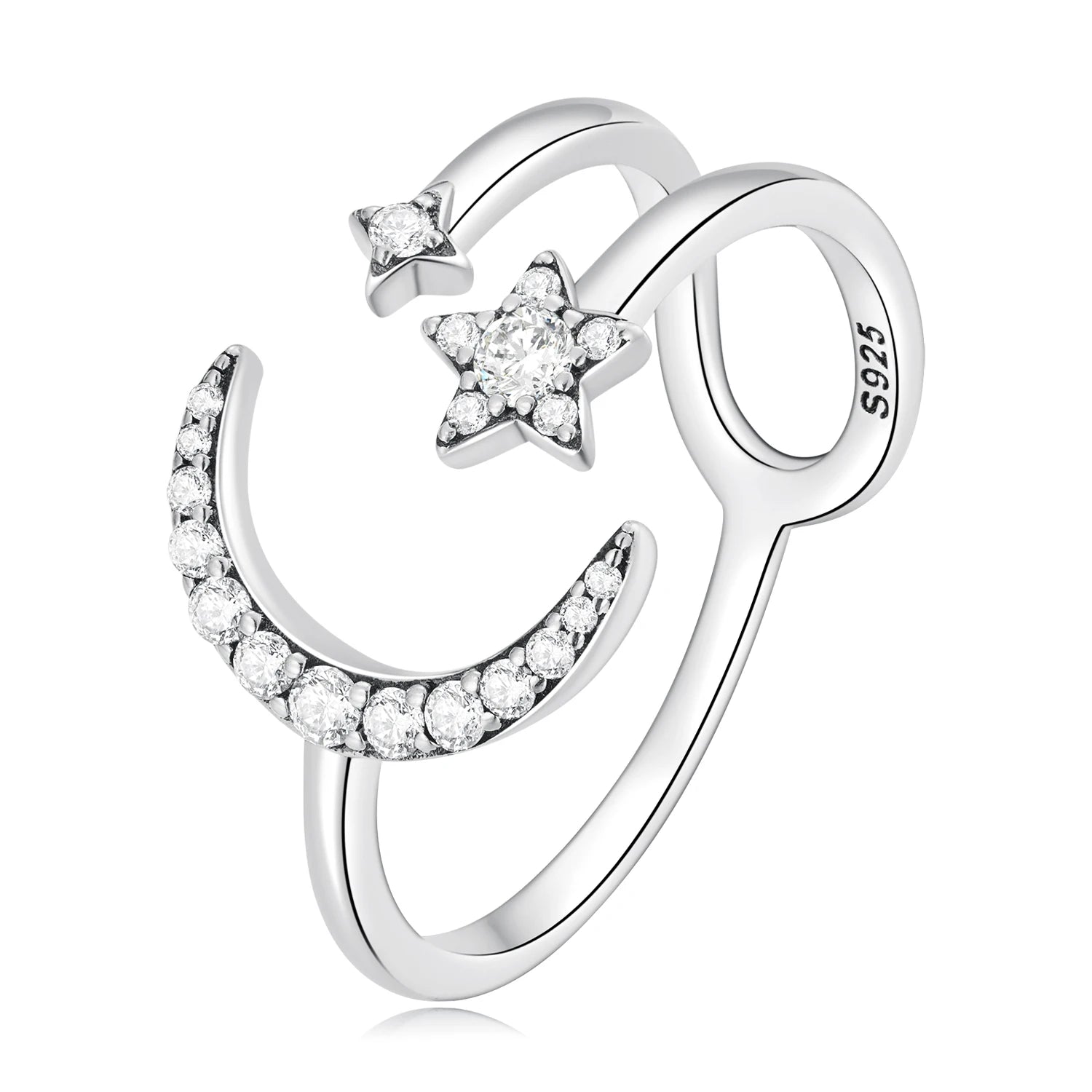 Fashion 925 Sterling Silver Star & Moon Adjustable Ring Minimalist Zircon Open Ring for Women Birthday Gift Fine Jewelry BSR305