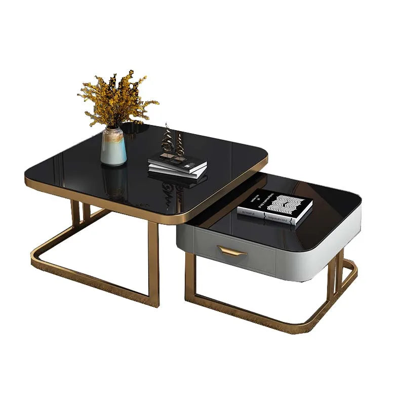 Modern Design Living Room Coffee Table Two-piece Golden Metal Stainless Steel Furniture Black and White Glass Table with Lockers