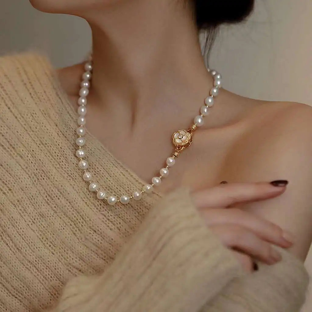 50cm Super Exquisite Camellia Fritillaria Potato Shape AAA Grade Edison Pearl Gold Plated Trendy Women's Long Necklace