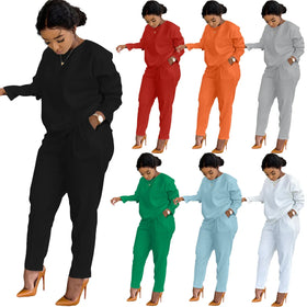Women Clothing Cotton Candy Solid Color Casual Long Sleeves t Shirt Ladies Pants Leggings Sports Jogging Two Piece Women's Sets