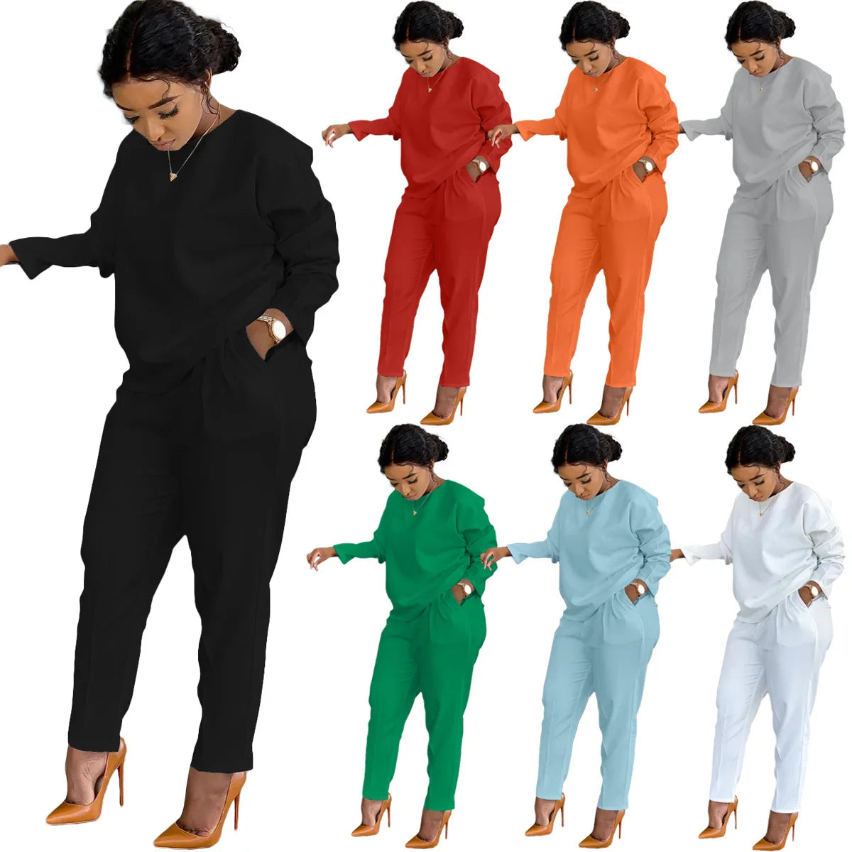 Women Clothing Cotton Candy Solid Color Casual Long Sleeves t Shirt Ladies Pants Leggings Sports Jogging Two Piece Women's Sets