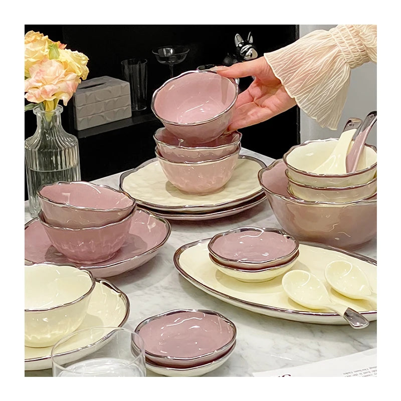 60 Pieces Nordic Style Luxury Tableware Ceramic Wave Pattern White/Pink Plate Bowls and Dishes Porcelain Dinnerware Sets