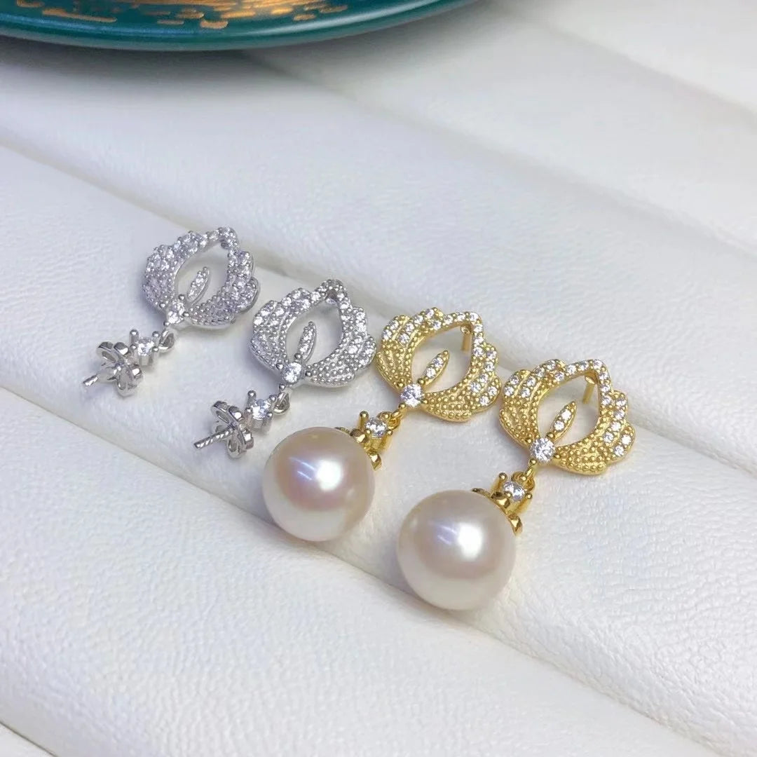 E1351 8-9mm DIY Natural Freshwater Pearl Charm Earrings Mounting Accessory 925 Sterling Silver Gold Plated  Jewelry for Women