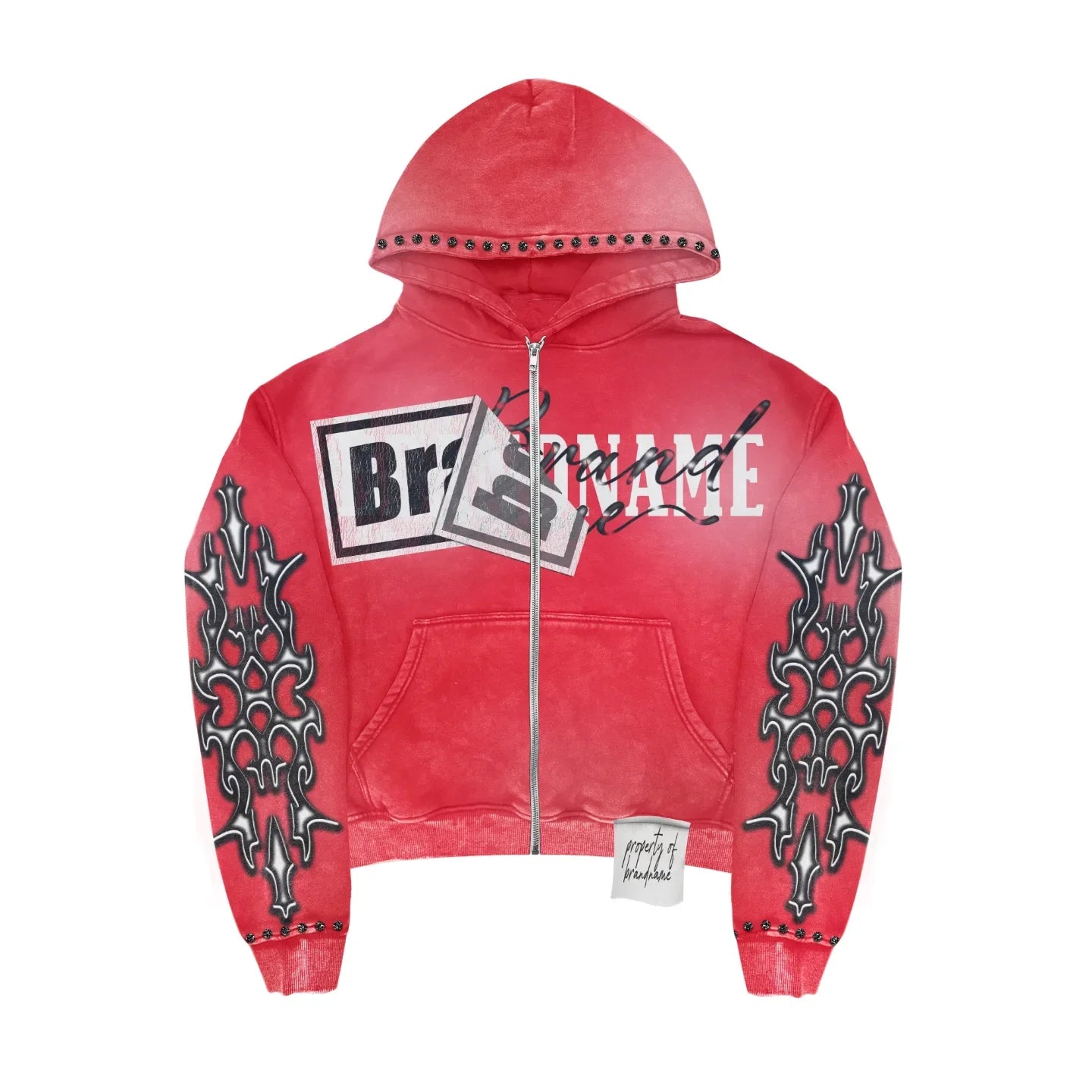 Customs 500gsm DTG Printing Logo French Terry Acid Wash Zip up Pullover Hoodies Rhinestone Distressed Hoodies