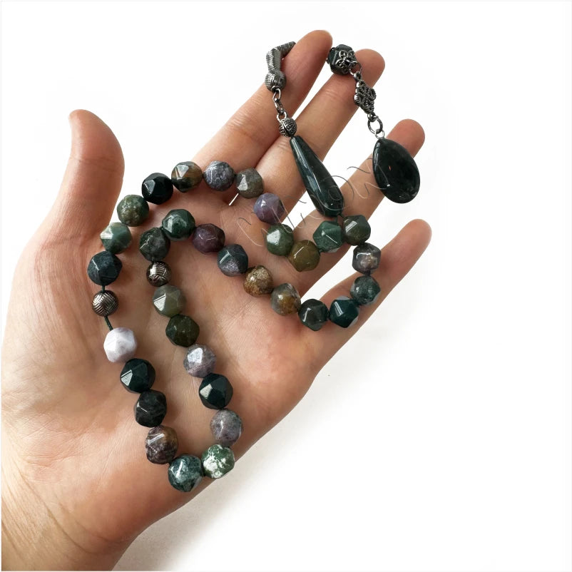 Natural Indian Agate Tasbih 10mm 33 Beads Silver Unisex Handmade Religious Prayer Beads  Women Men Jewelry Misbah