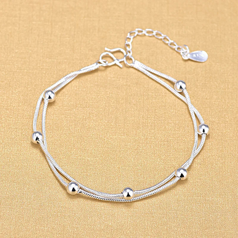 Double Snake Chain Round 925 Sterling Silver Beads Bracelets for Women Gifts Jewelry 2019